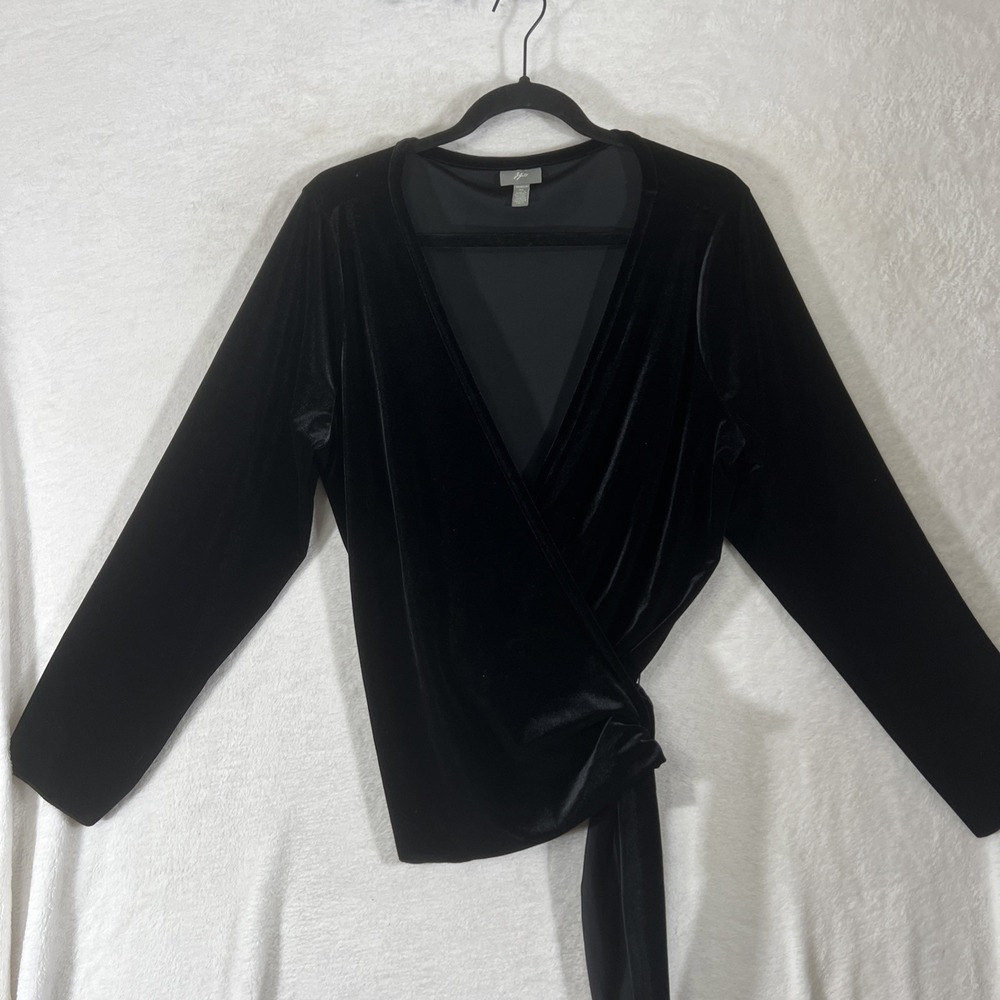J Jill Black Velvet Wrap Long Sleeve Top Blouse Stretch Size XL Holiday Evening